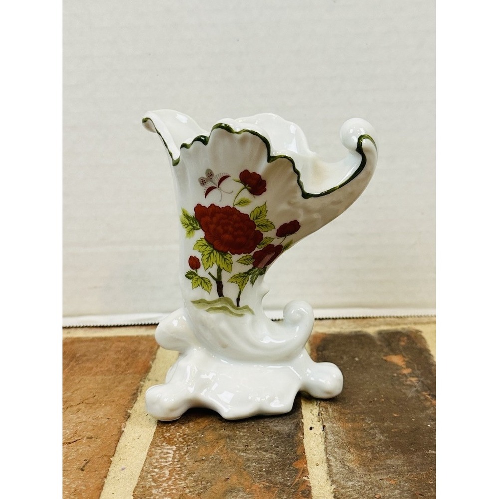 Vintage 1970 White Porcelain Vase Red Flowers Hand Painted Seymour Mann Shibui